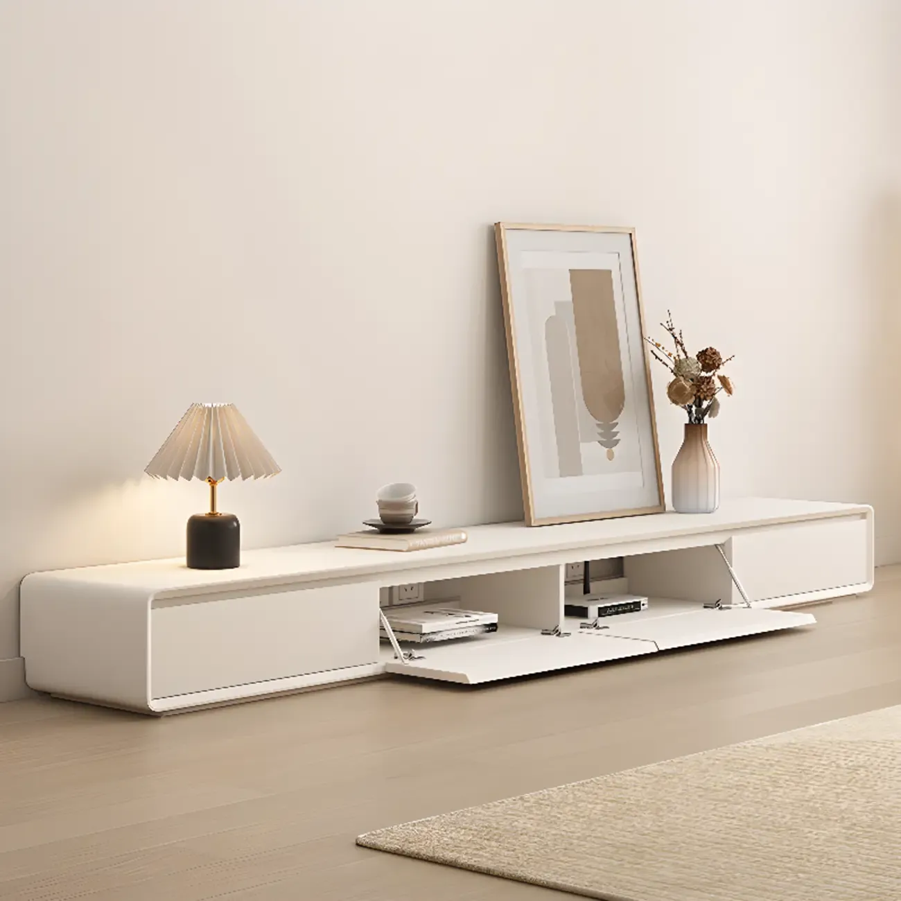 Ventilated 2 Drawers Wood Rectangular White TV Stand Image - 2