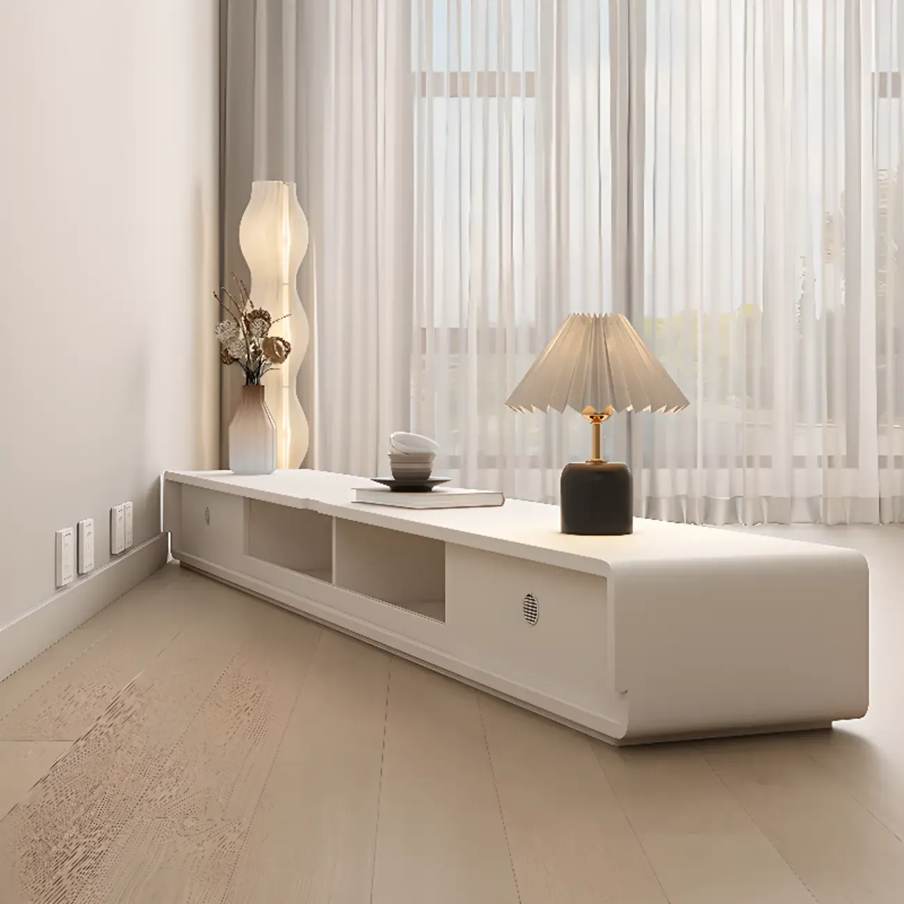 Ventilated 2 Drawers Wood Rectangular White TV Stand Image - 4