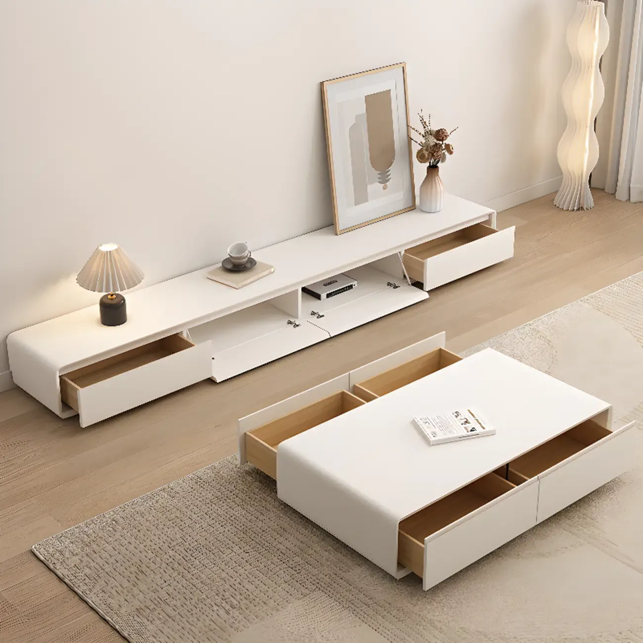 Ventilated 2 Drawers Wood Rectangular White TV Stand Image - 3