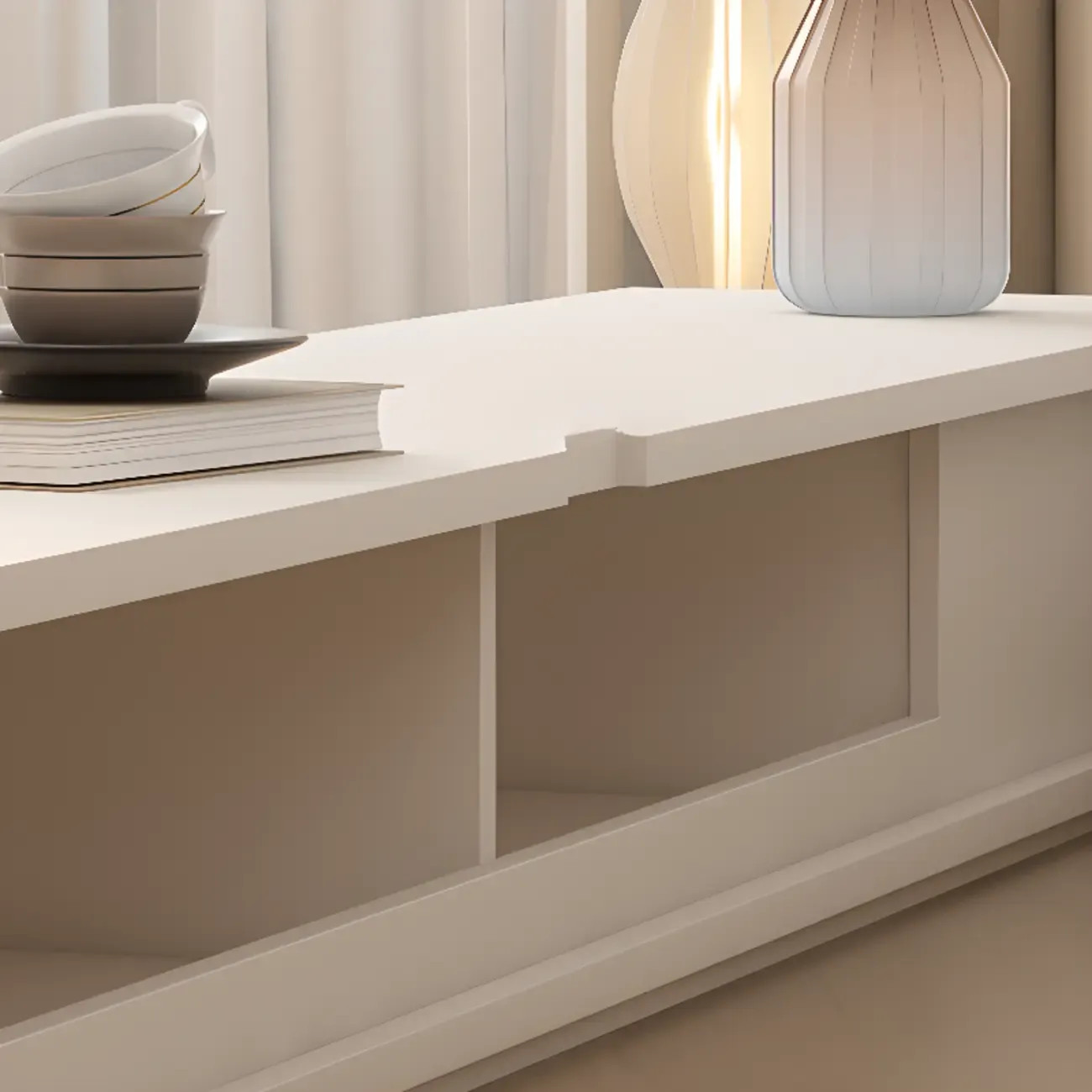 Ventilated 2 Drawers Wood Rectangular White TV Stand Image - 9