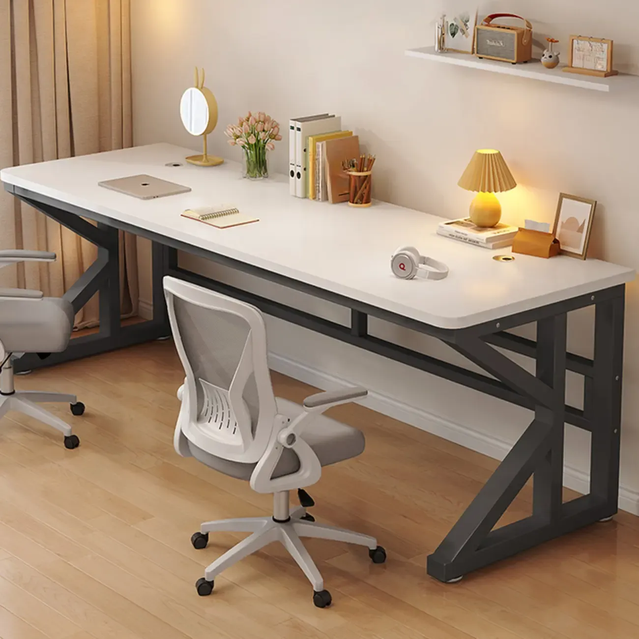 Modern Metal Rectangle Office Desk with White Top for Home Image - 3