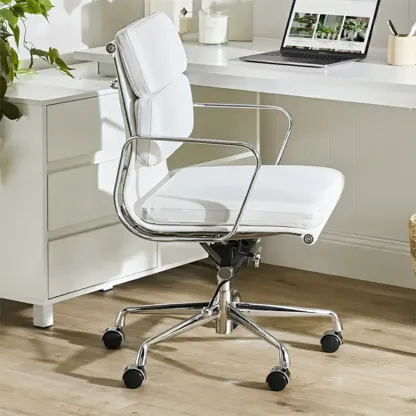 Modern Silver Metal White Leather Swivel Office Chair Image - 1