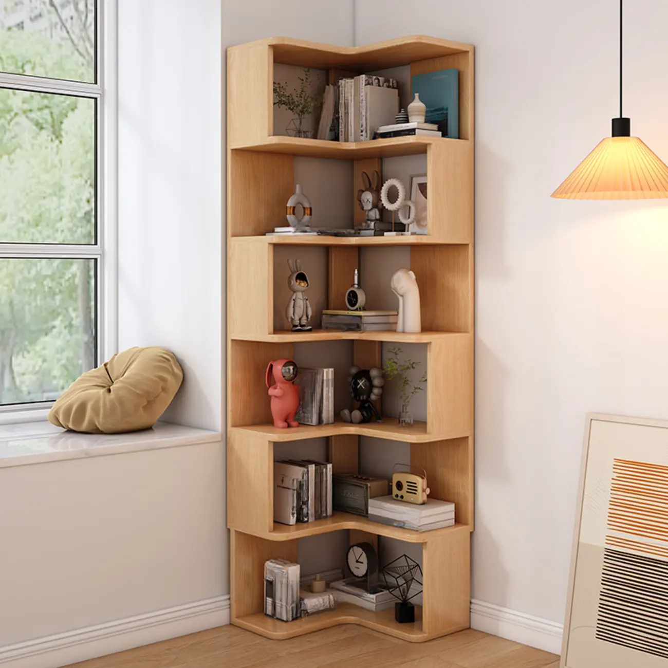 L-Shaped 6-Tier Wood Corner Display Bookcase Image - 1 | homeyfad