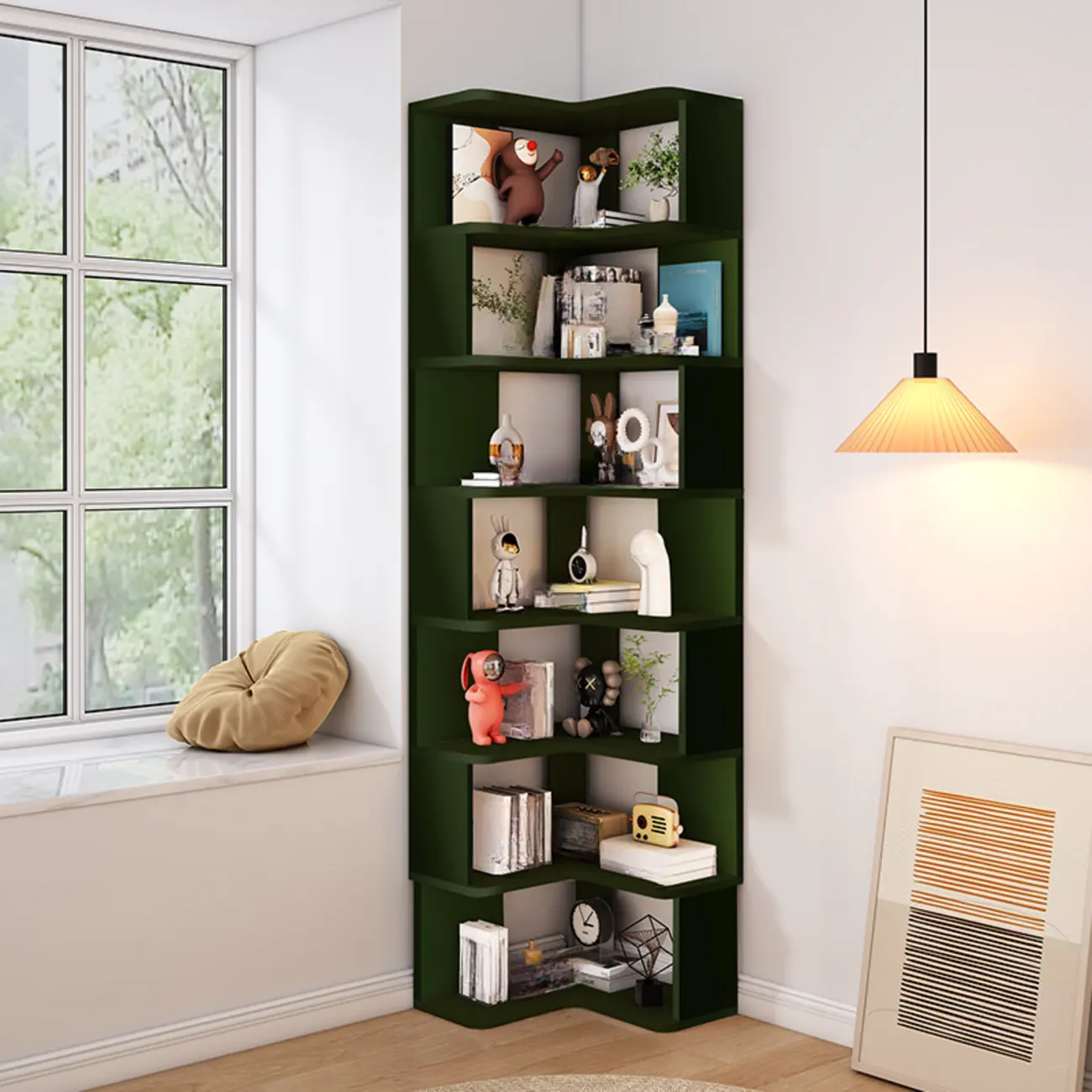 L-Shaped 6-Tier Wood Corner Display Bookcase Image - 3 | homeyfad