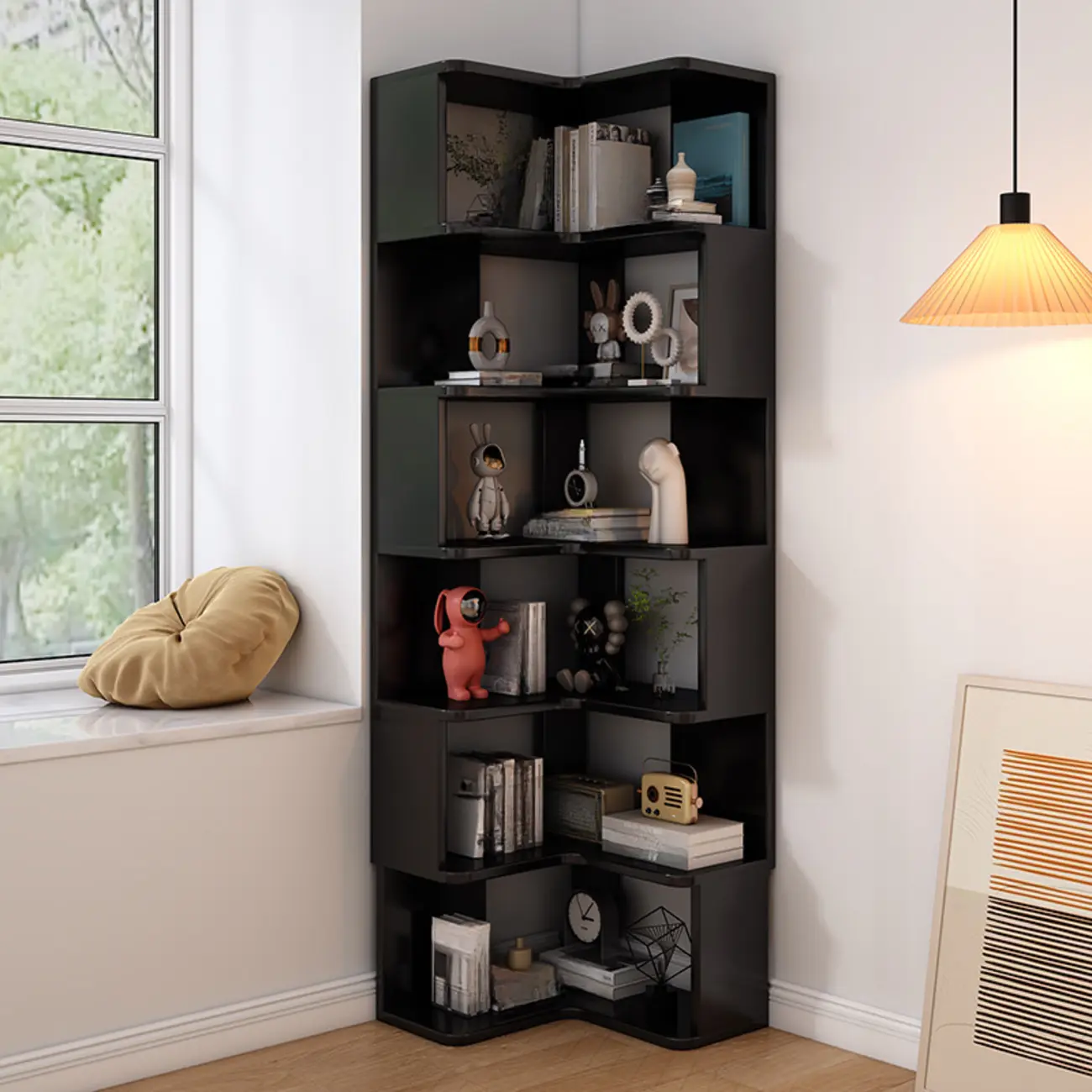 L-Shaped 6-Tier Wood Corner Display Bookcase Image - 2 | homeyfad