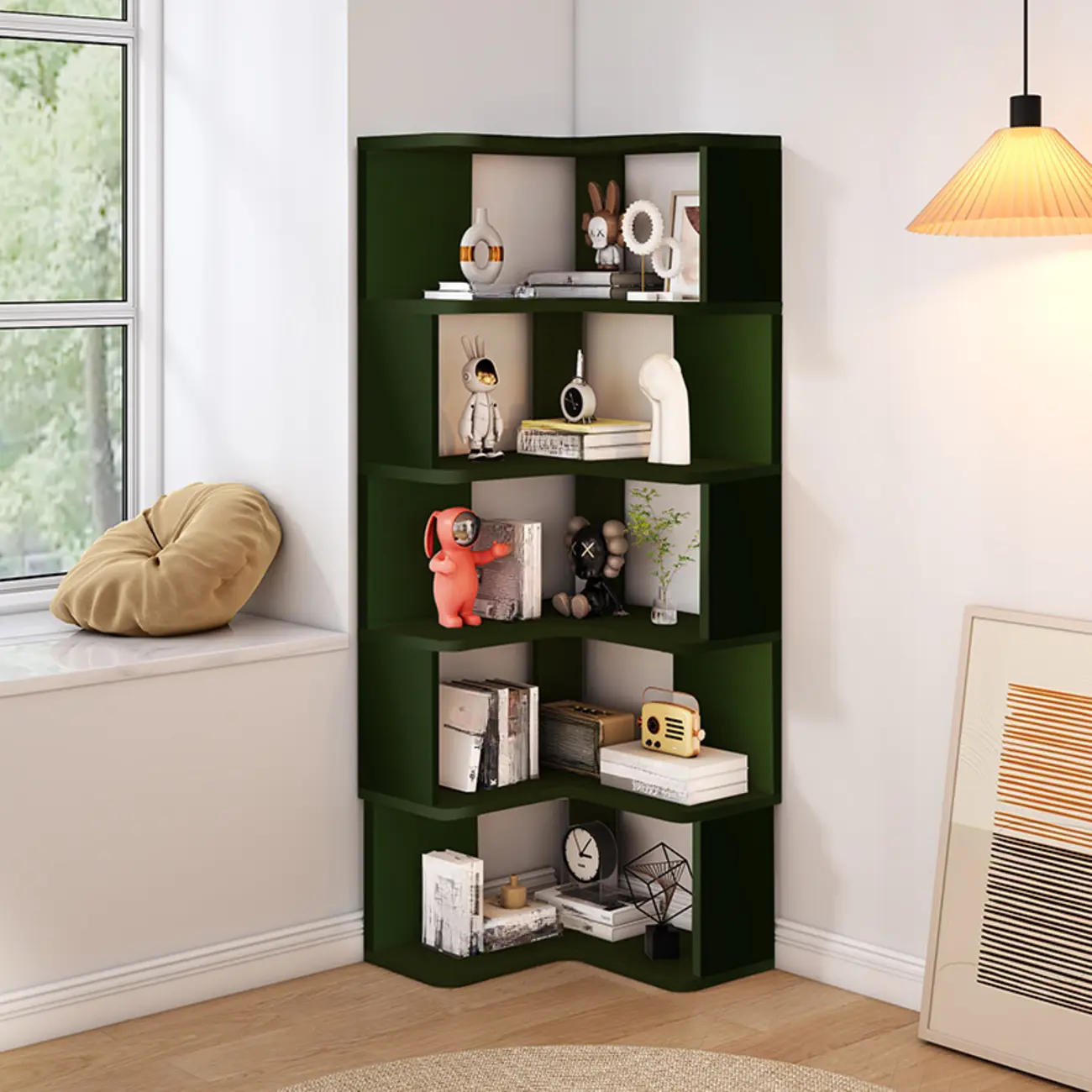 L-Shaped 6-Tier Wood Corner Display Bookcase Image - 4 | homeyfad