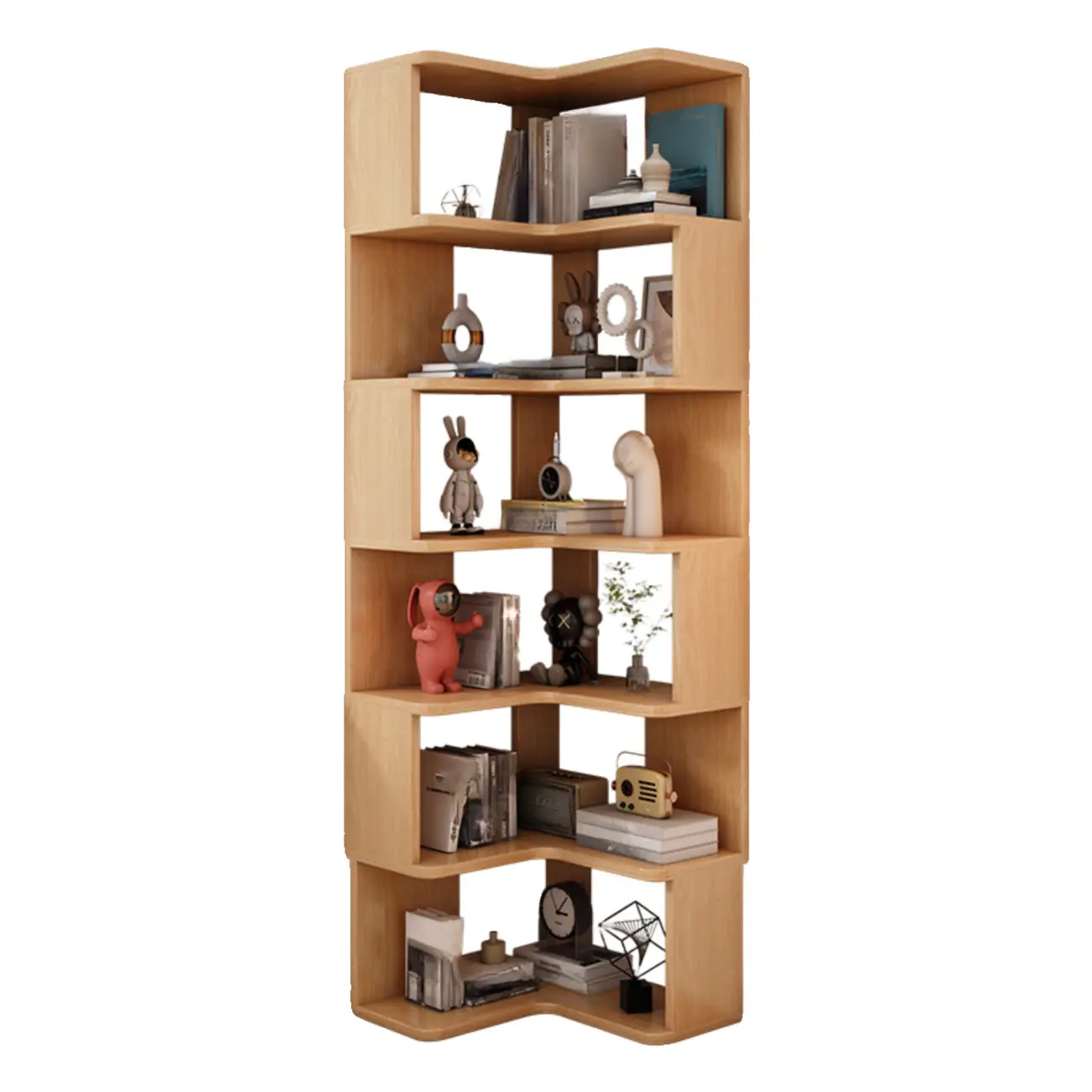 L-Shaped 6-Tier Wood Corner Display Bookcase Image - 5 | homeyfad