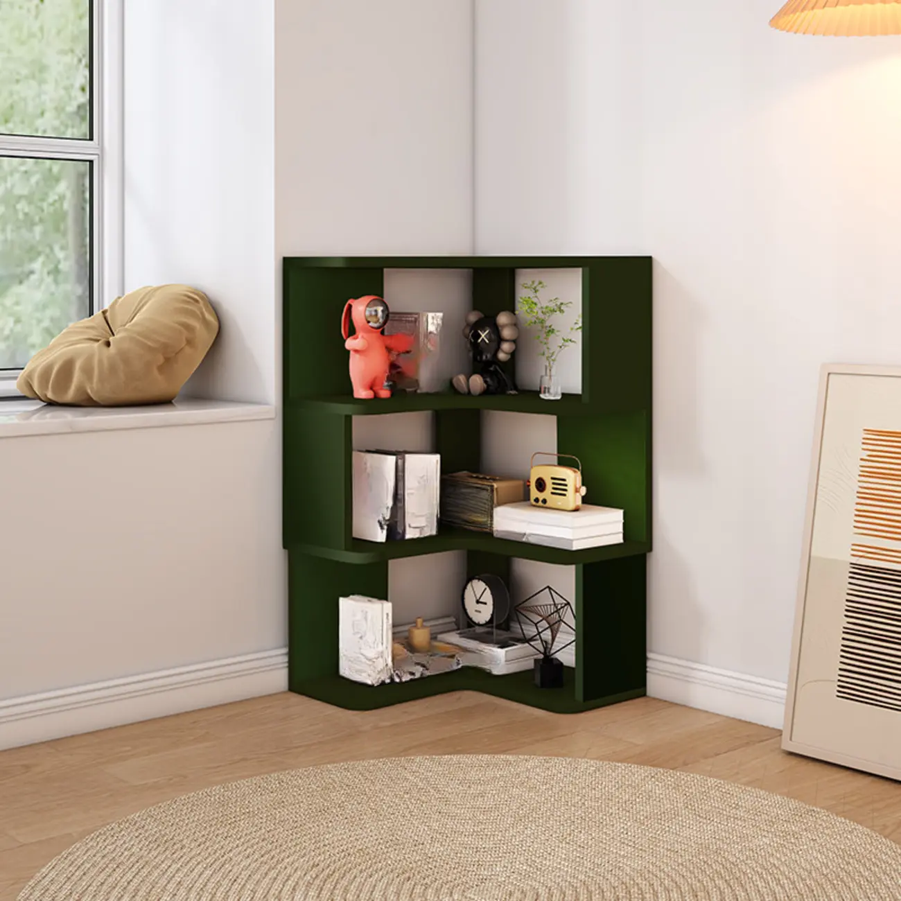 L-Shaped 6-Tier Wood Corner Display Bookcase Image - 12 | homeyfad