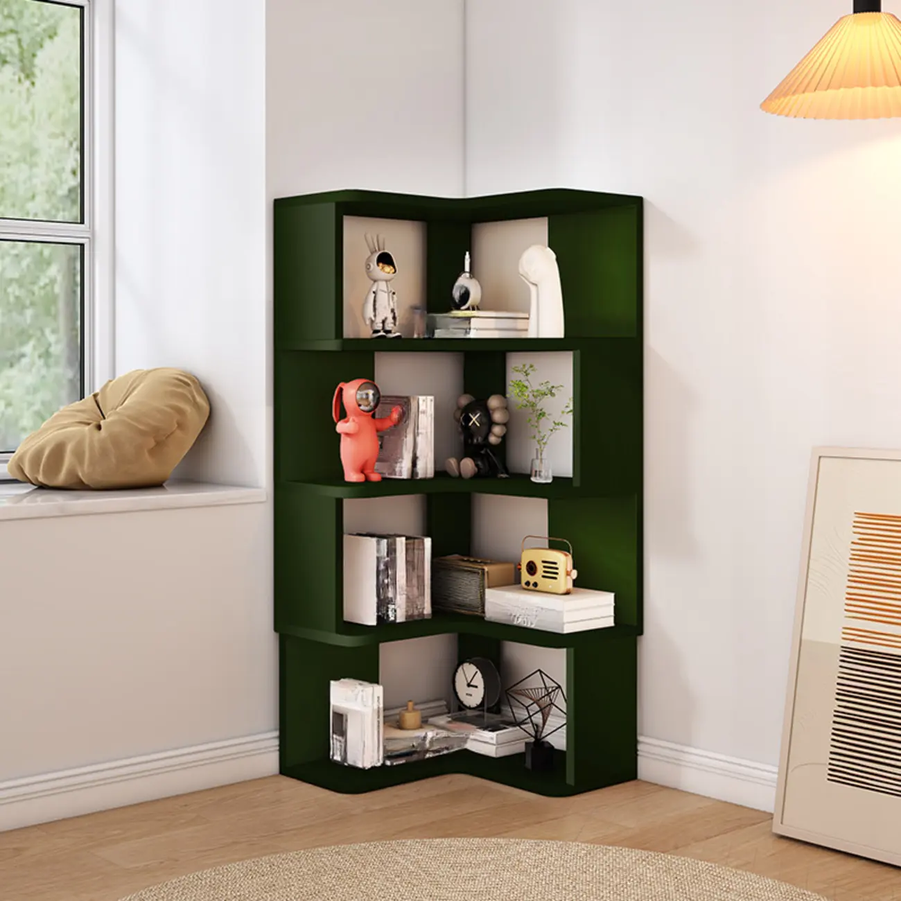 L-Shaped 6-Tier Wood Corner Display Bookcase Image - 13 | homeyfad