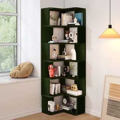 L-Shaped 6-Tier Wood Corner Display Bookcase Image - 14
