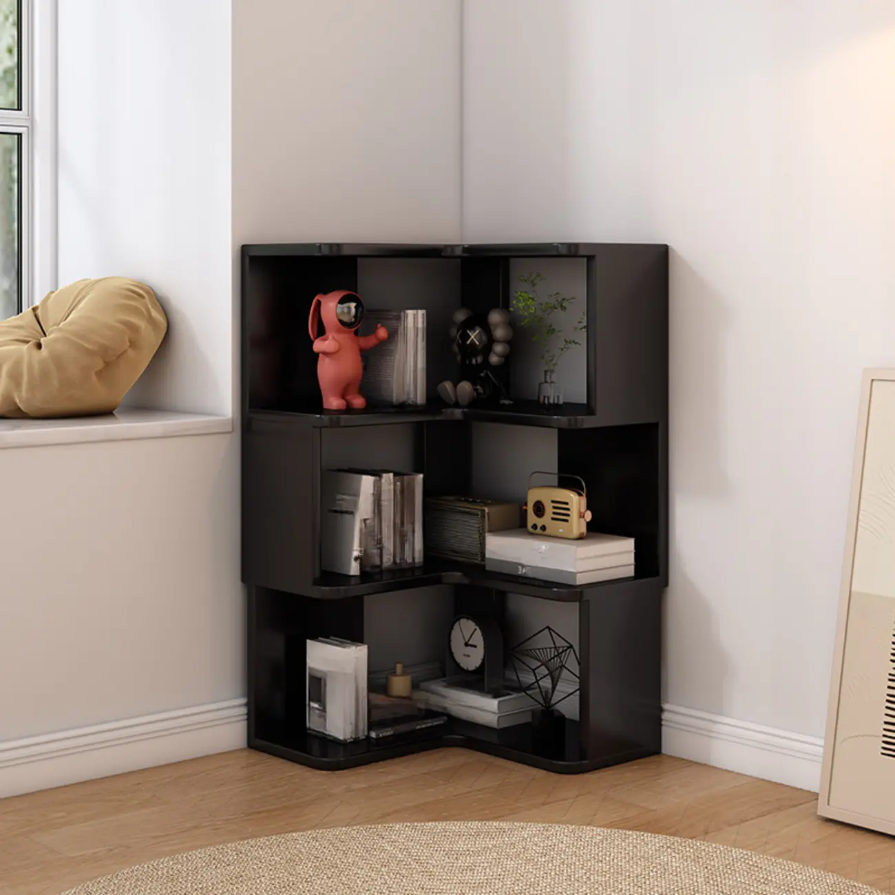 L-Shaped 6-Tier Wood Corner Display Bookcase Image - 16 | homeyfad