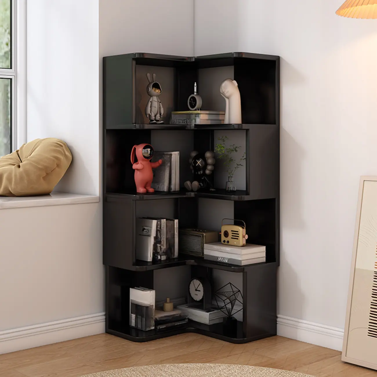 L-Shaped 6-Tier Wood Corner Display Bookcase Image - 17 | homeyfad