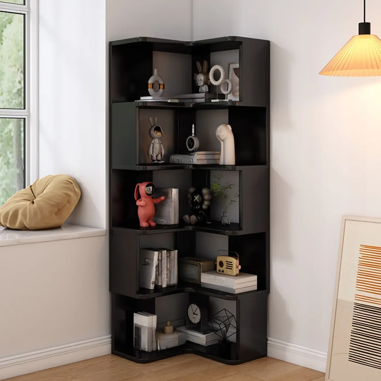 L-Shaped 6-Tier Wood Corner Display Bookcase Image - 18