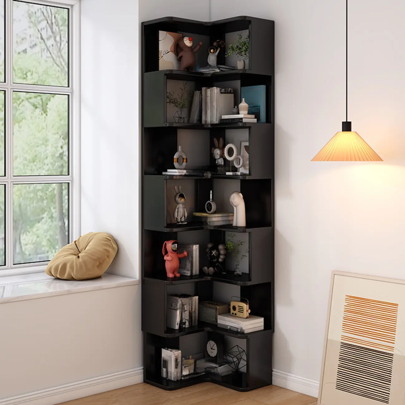 L-Shaped 6-Tier Wood Corner Display Bookcase Image - 19 | homeyfad