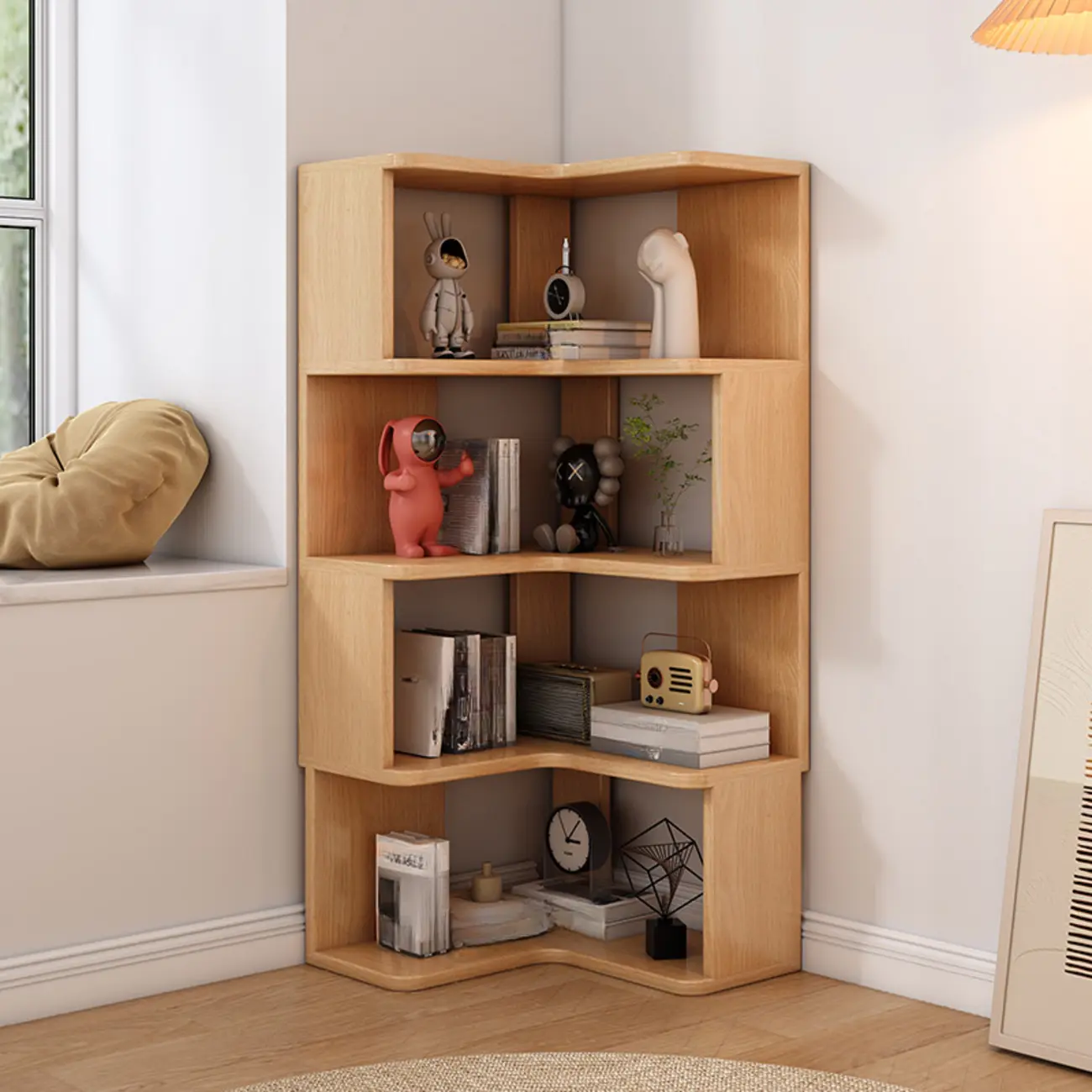 L-Shaped 6-Tier Wood Corner Display Bookcase Image - 22 | homeyfad
