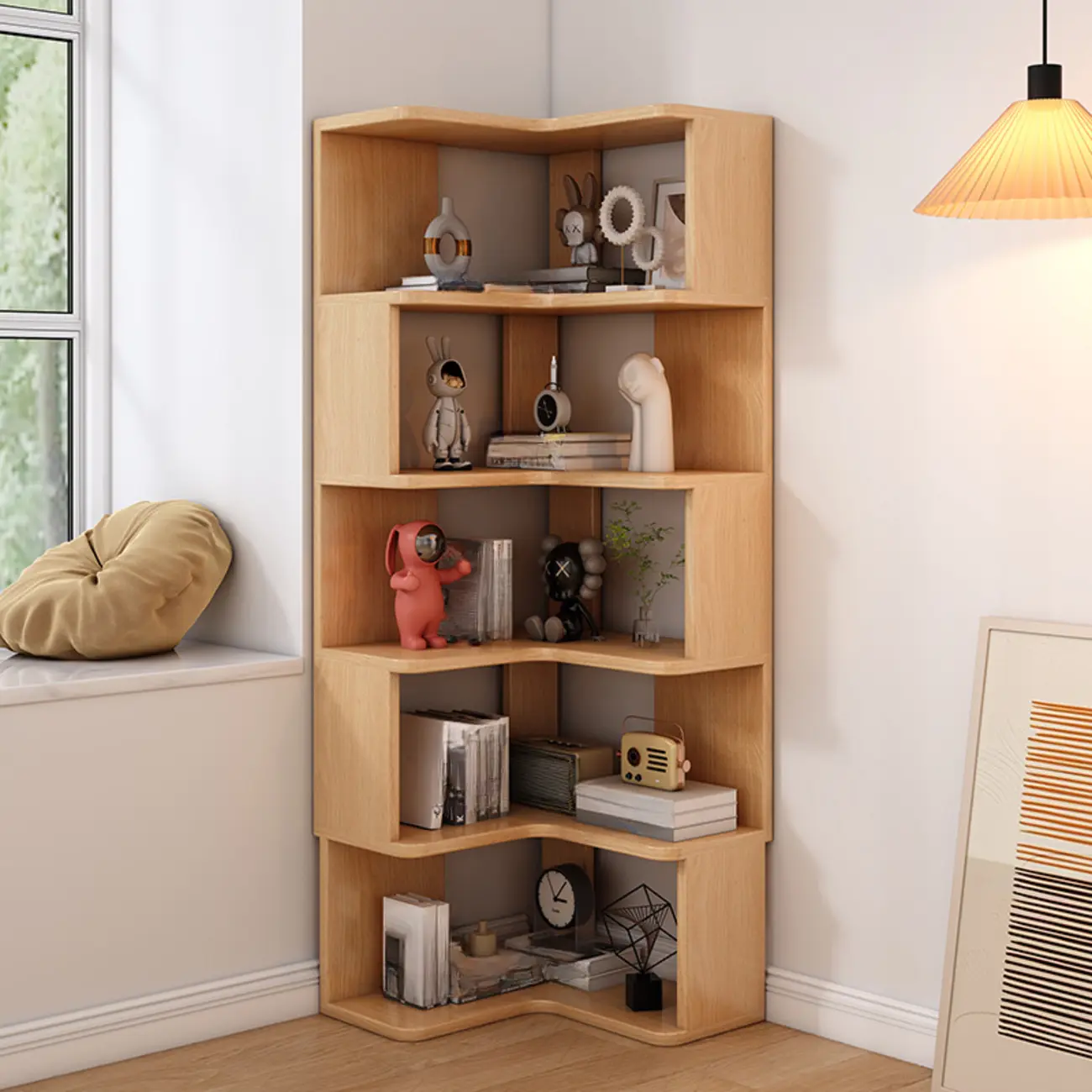 L-Shaped 6-Tier Wood Corner Display Bookcase Image - 23 | homeyfad