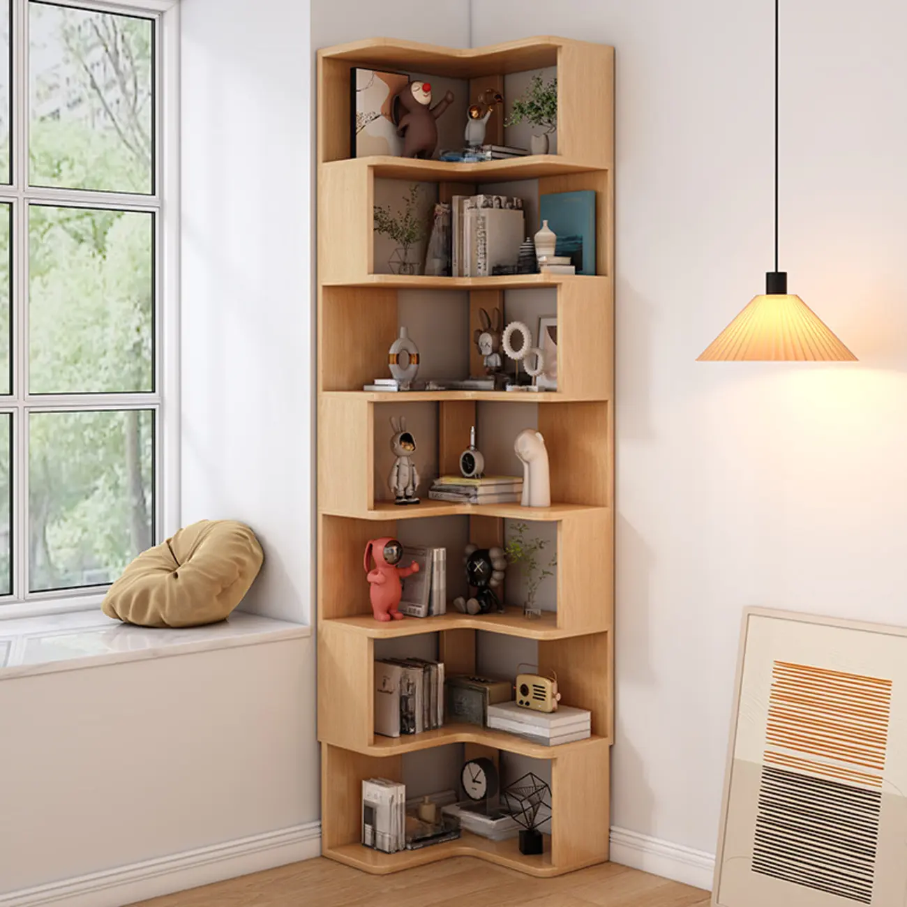 L-Shaped 6-Tier Wood Corner Display Bookcase Image - 24 | homeyfad
