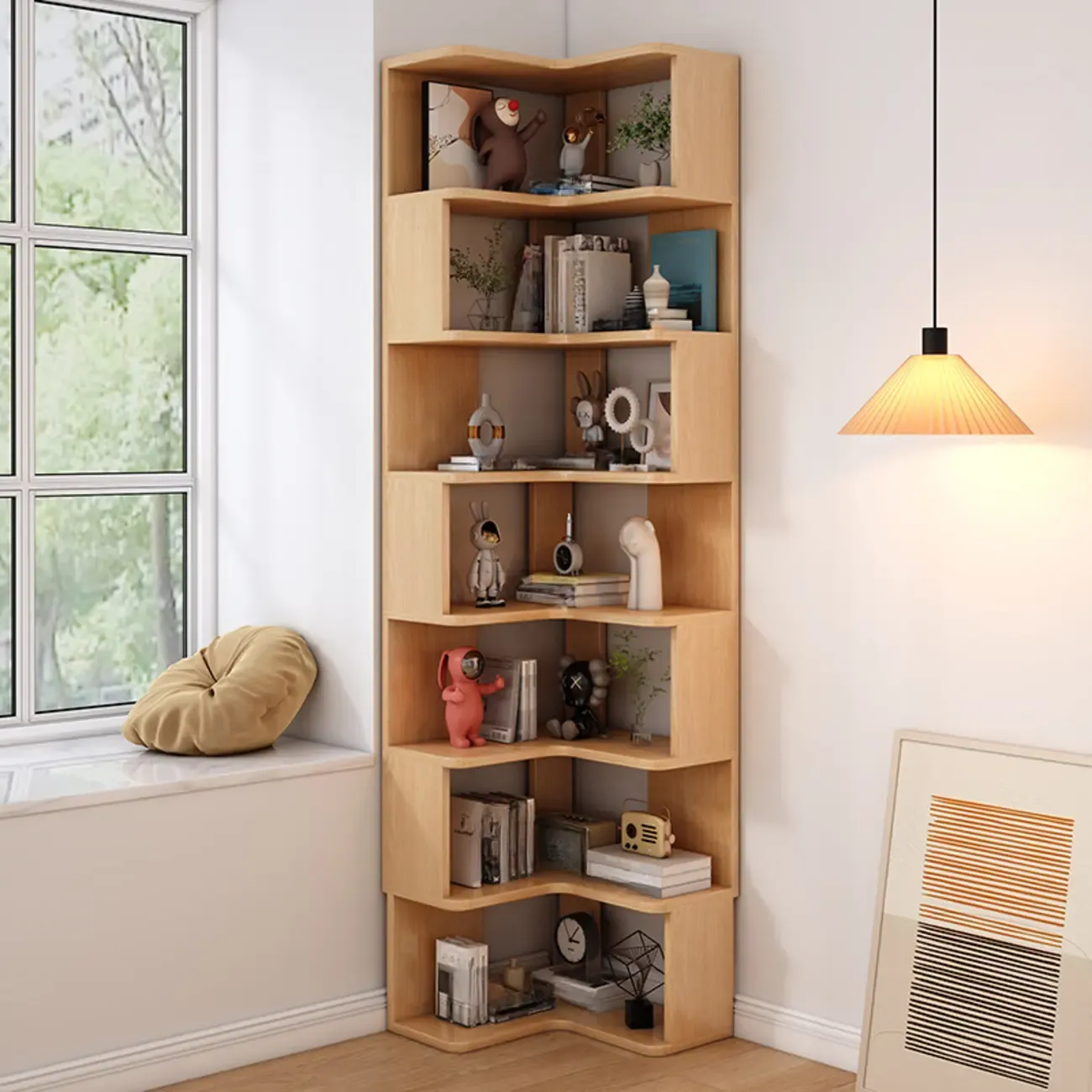 L-Shaped 6-Tier Wood Corner Display Bookcase Image - 24