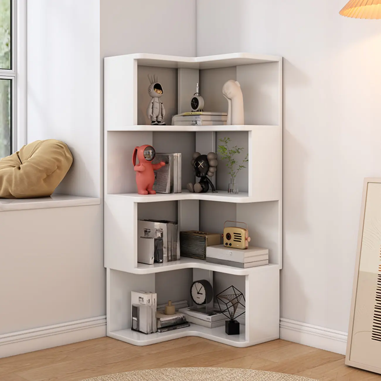 L-Shaped 6-Tier Wood Corner Display Bookcase Image - 27 | homeyfad