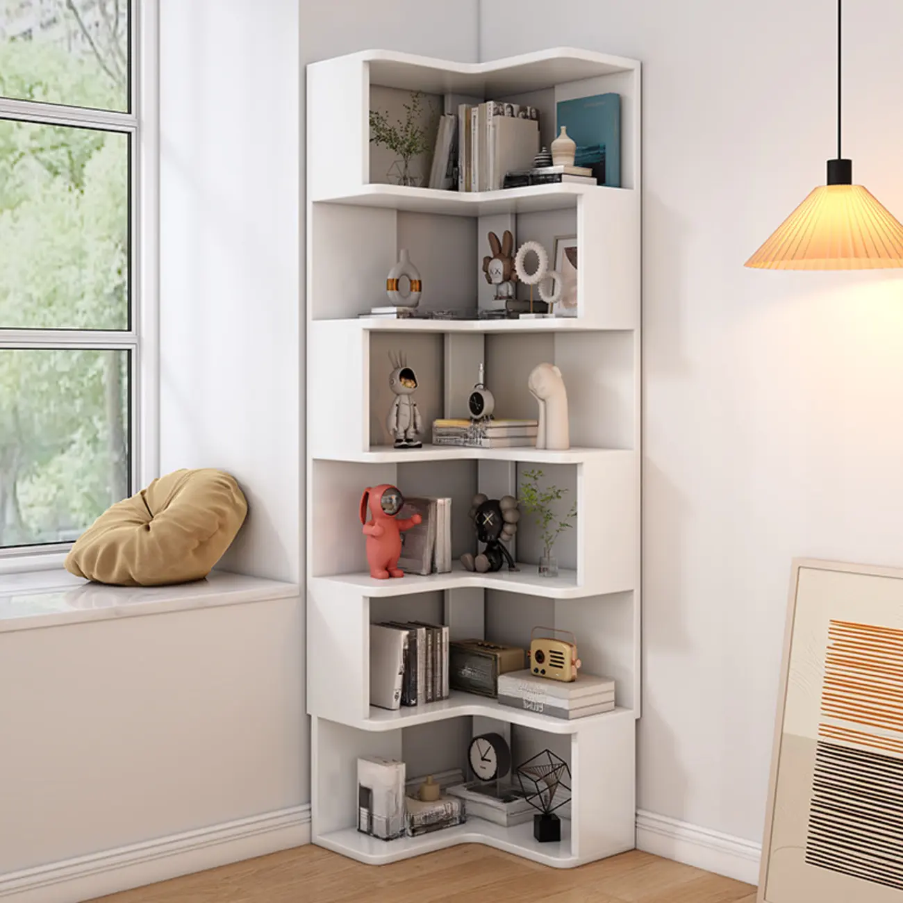 L-Shaped 6-Tier Wood Corner Display Bookcase Image - 29 | homeyfad