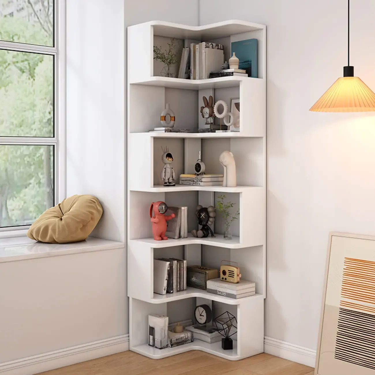 L-Shaped 6-Tier Wood Corner Display Bookcase Image - 29