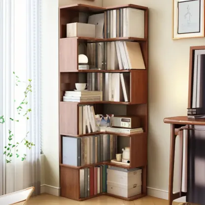 Vertical Wood L-Shape Corner Bookcase with Storage Image - 3