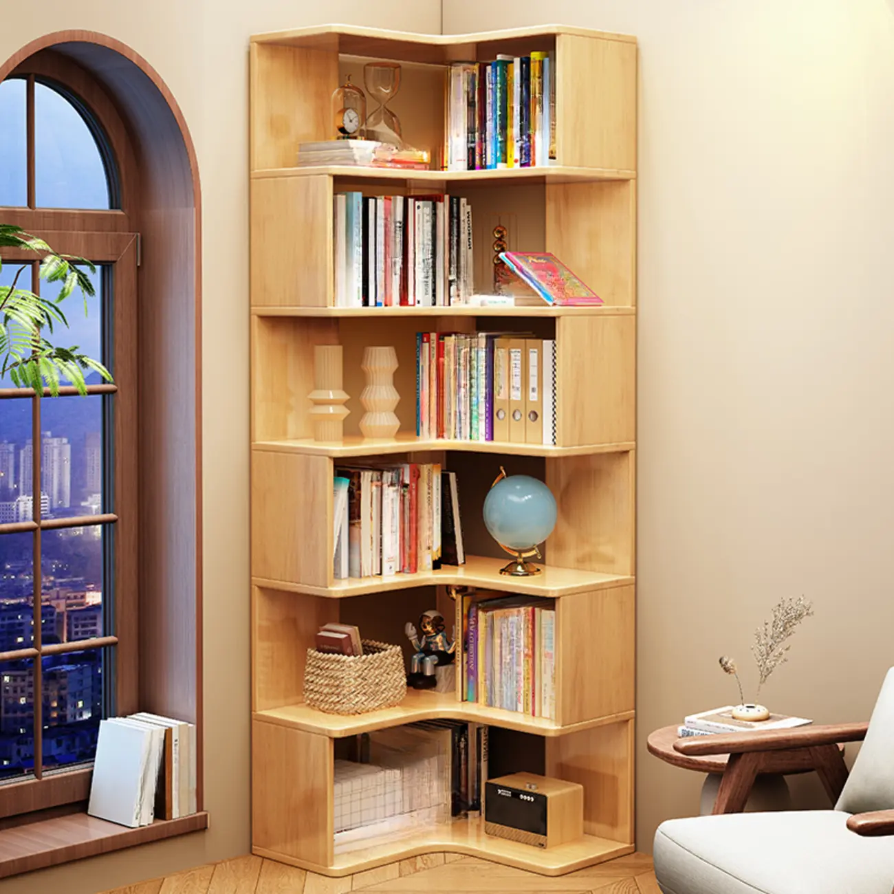 Vertical Wood L-Shape Corner Bookcase with Storage Image - 2 | homeyfad