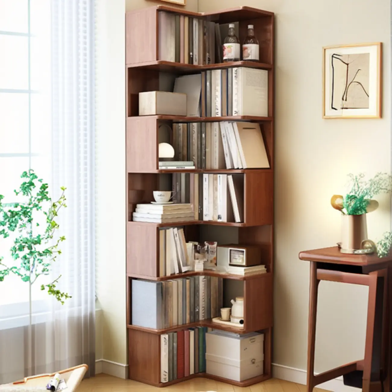 Vertical Wood L-Shape Corner Bookcase with Storage Image - 4 | homeyfad