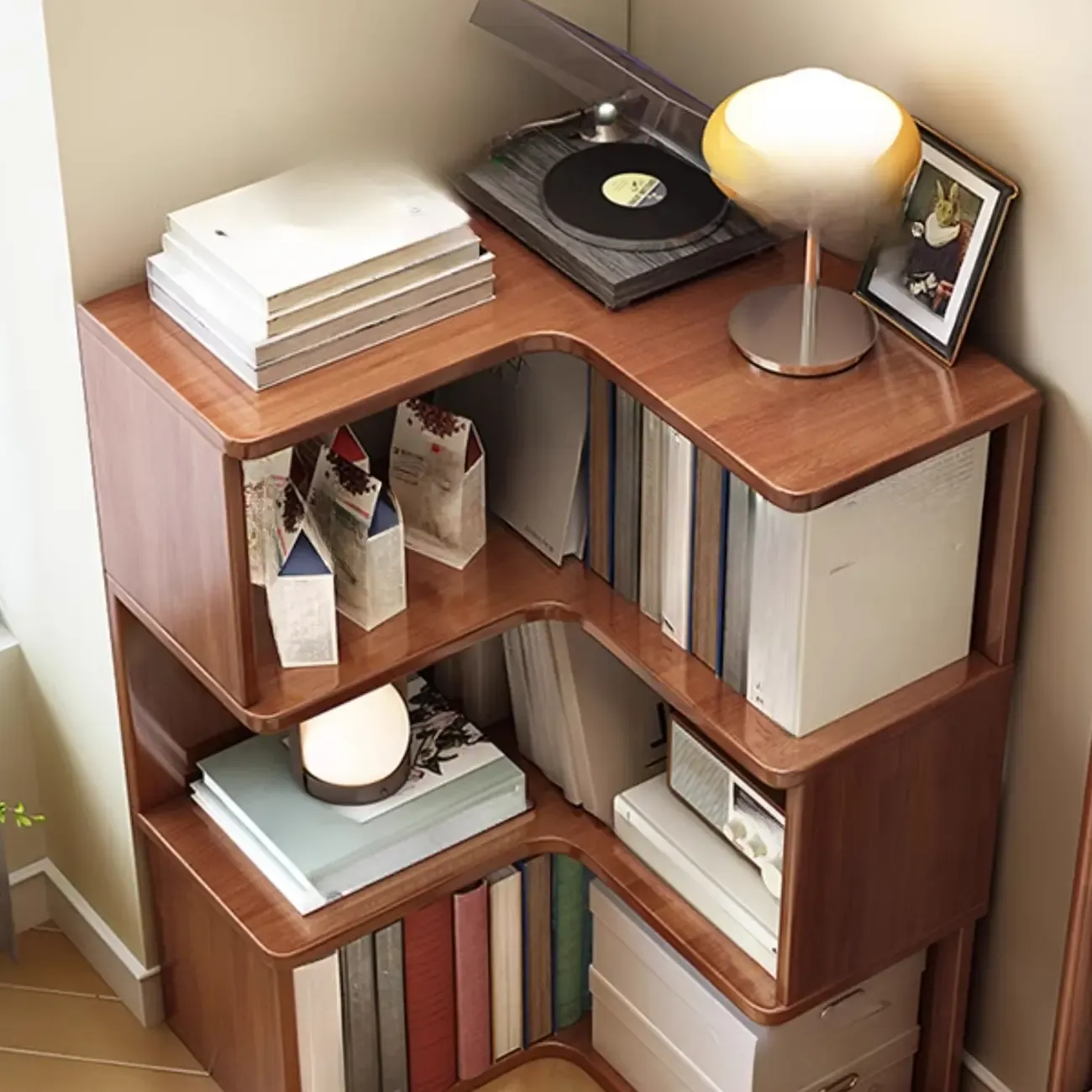Vertical Wood L-Shape Corner Bookcase with Storage Image - 7