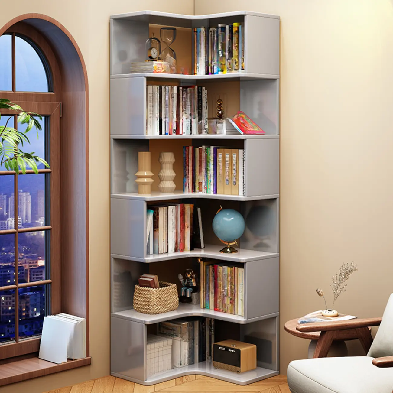 Vertical Wood L-Shape Corner Bookcase with Storage Image - 8 | homeyfad