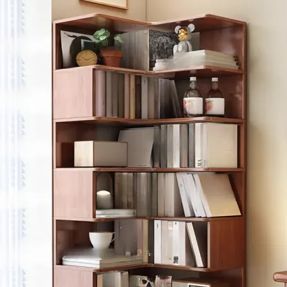 Vertical Wood L-Shape Corner Bookcase with Storage Image - 10