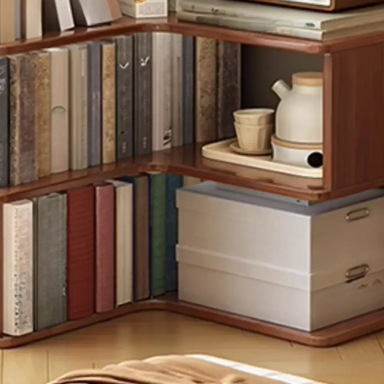 Vertical Wood L-Shape Corner Bookcase with Storage Image - 12