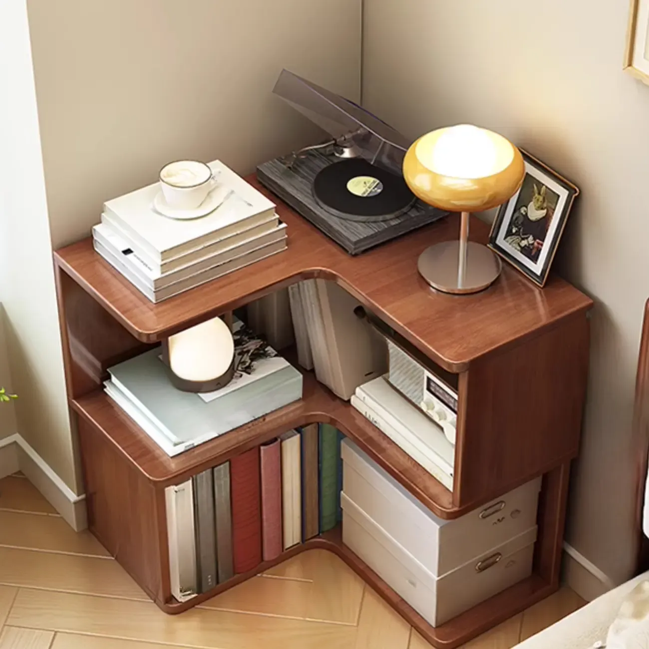 Vertical Wood L-Shape Corner Bookcase with Storage Image - 18