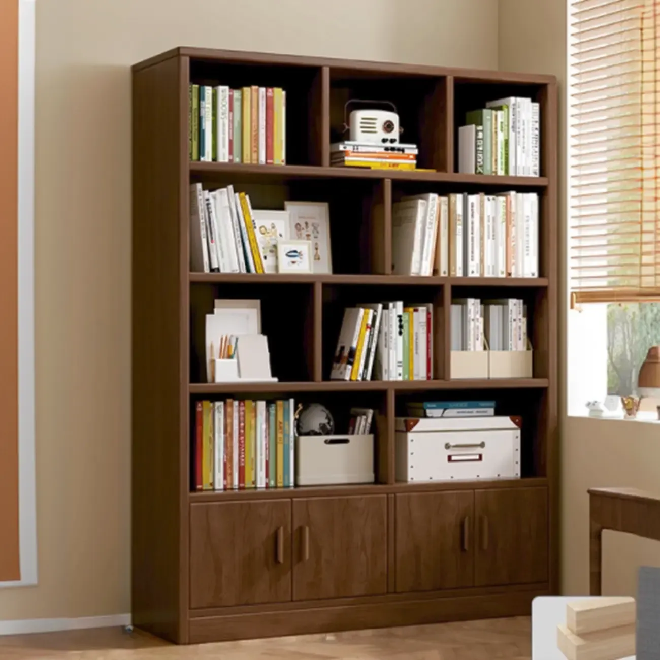 Scandinavian Tall Wooden Multi-shelves Storage Bookcase Image - 2