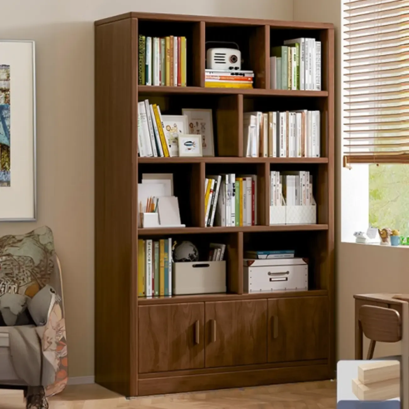 Scandinavian Tall Wooden Multi-shelves Storage Bookcase Image - 3