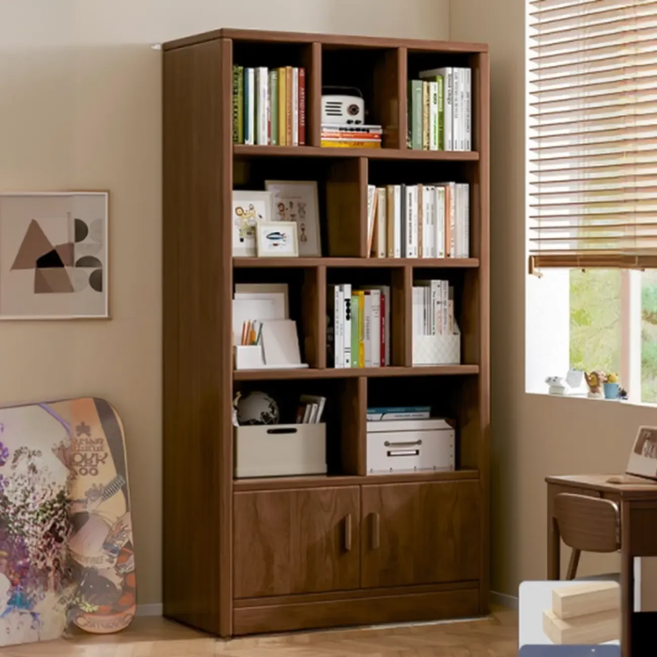 Scandinavian Tall Wooden Multi-shelves Storage Bookcase Image - 5