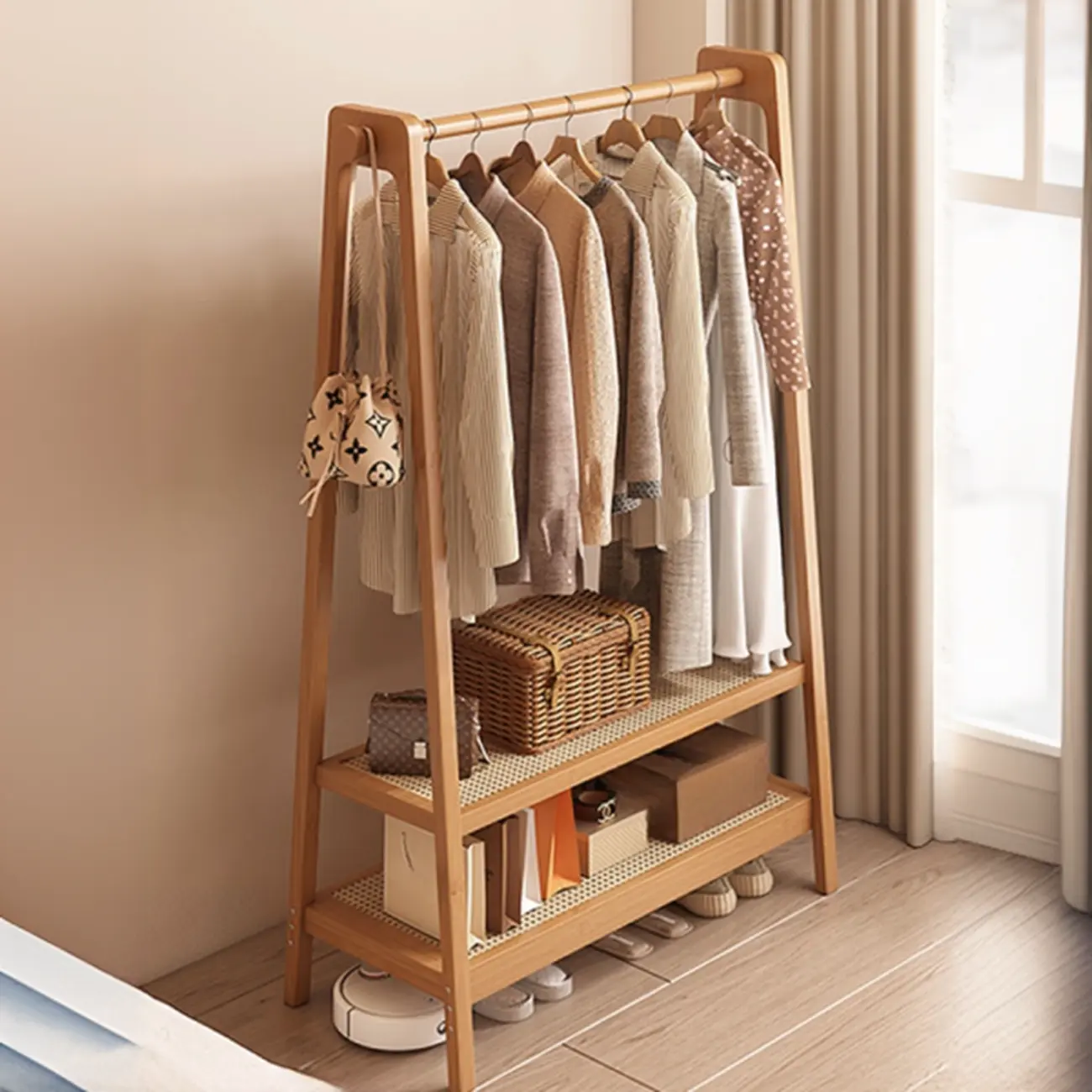 Modern Trapezoid Bamboo Hall Tree with 2 Shelves Image - 1 | homeyfad