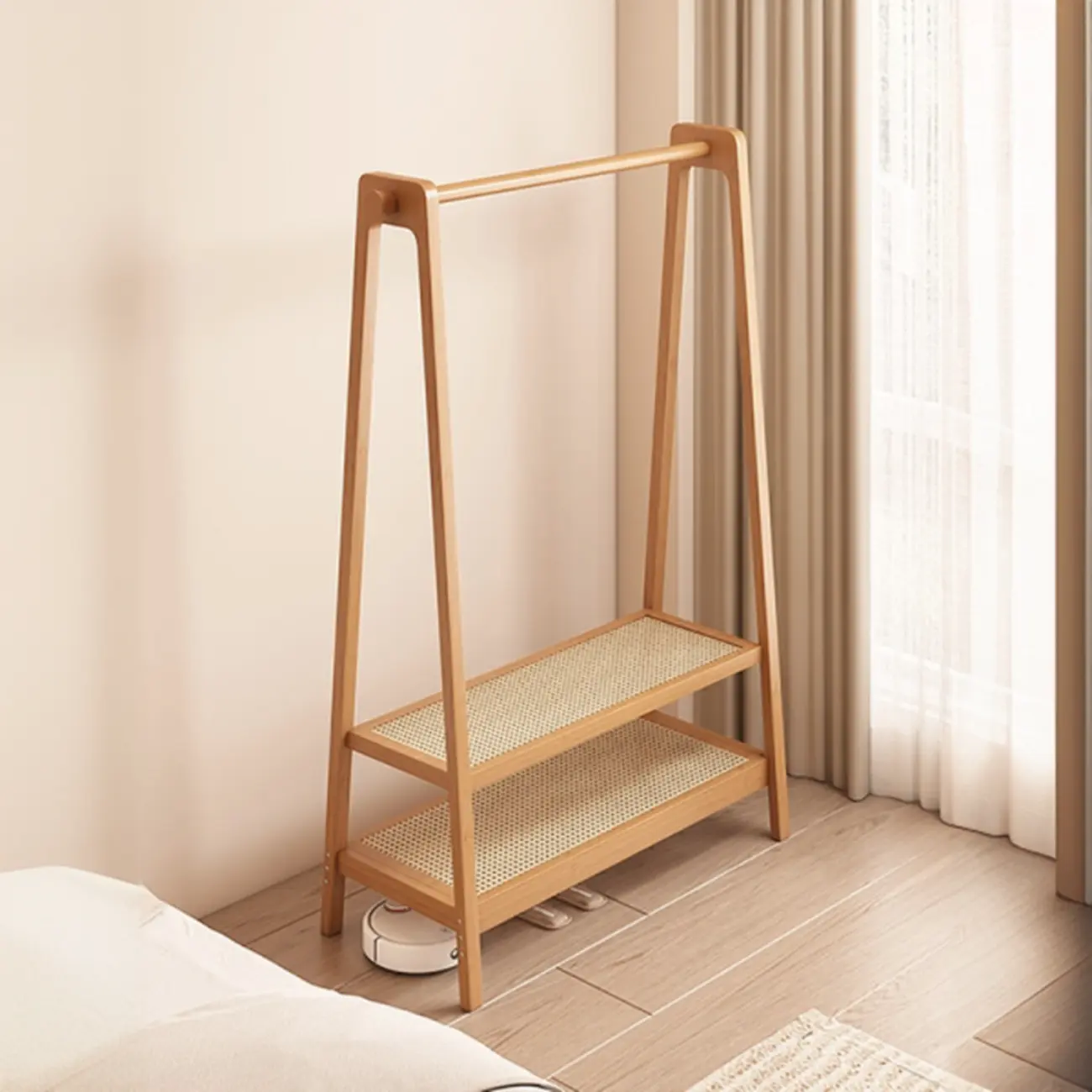 Modern Trapezoid Bamboo Hall Tree with 2 Shelves Image - 2 | homeyfad