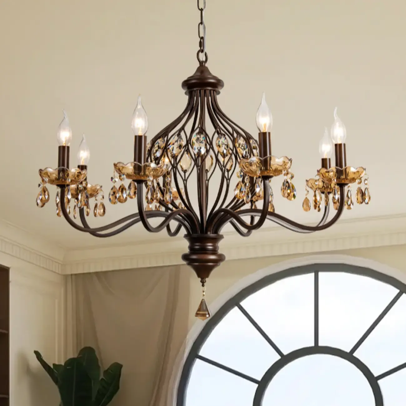 Retro Brown Candelabra Amber Crystal Chandelier Image - 2