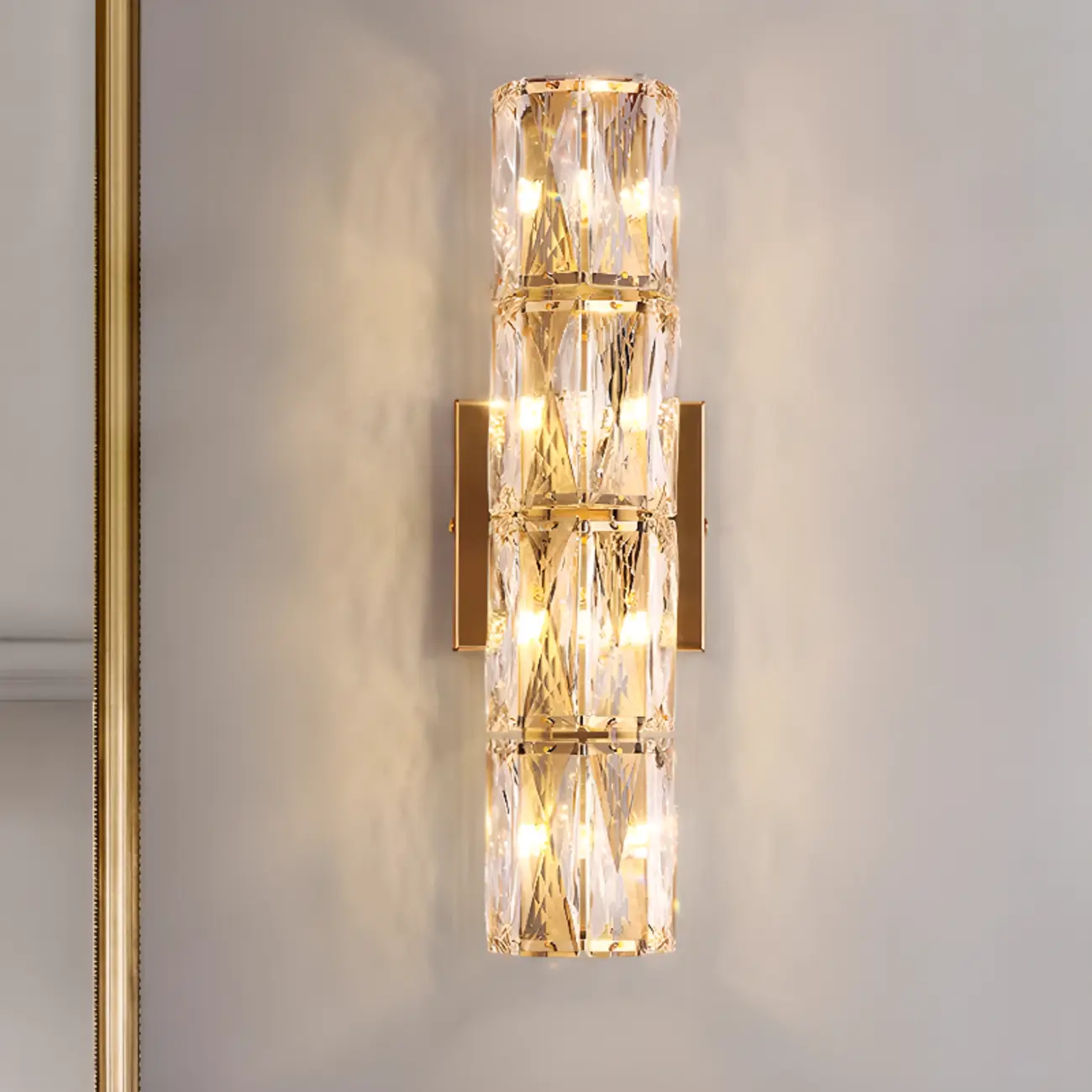 Sheen Clear Crystal Pillar Ambient Wall Sconce Image - 8 | homeyfad