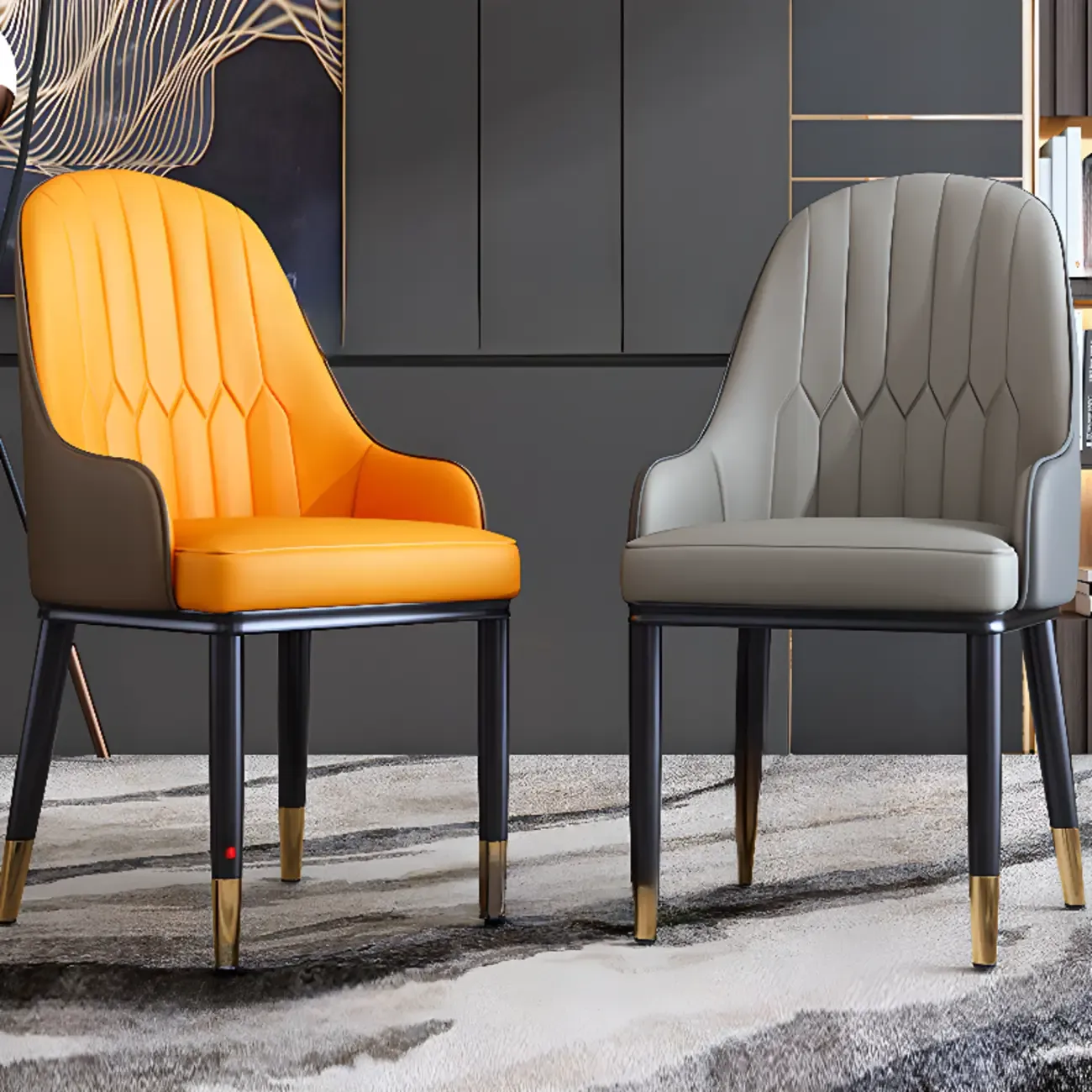 Glam Faux Leather Curved Back Armrest Dining Chair Image - 1