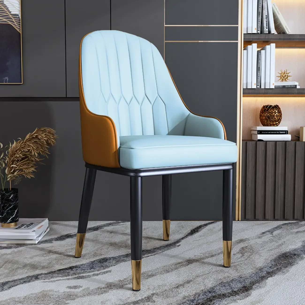 Glam Faux Leather Curved Back Armrest Dining Chair Image - 8