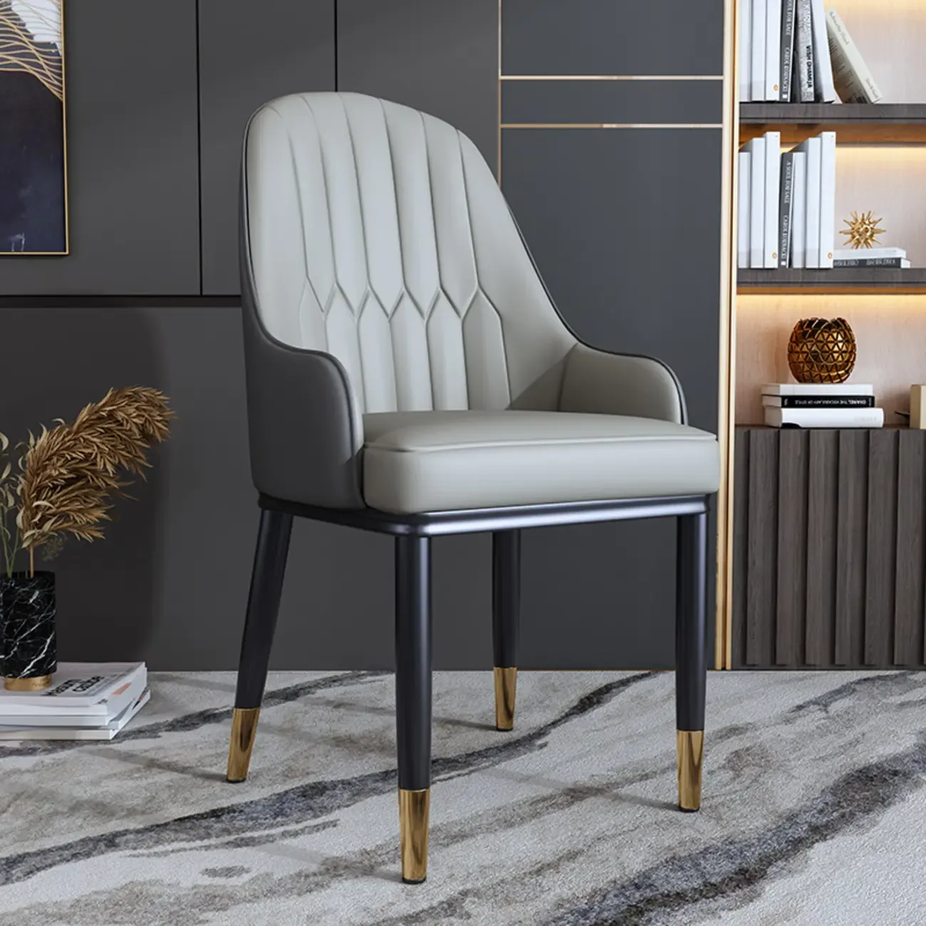 Glam Faux Leather Curved Back Armrest Dining Chair Image - 12