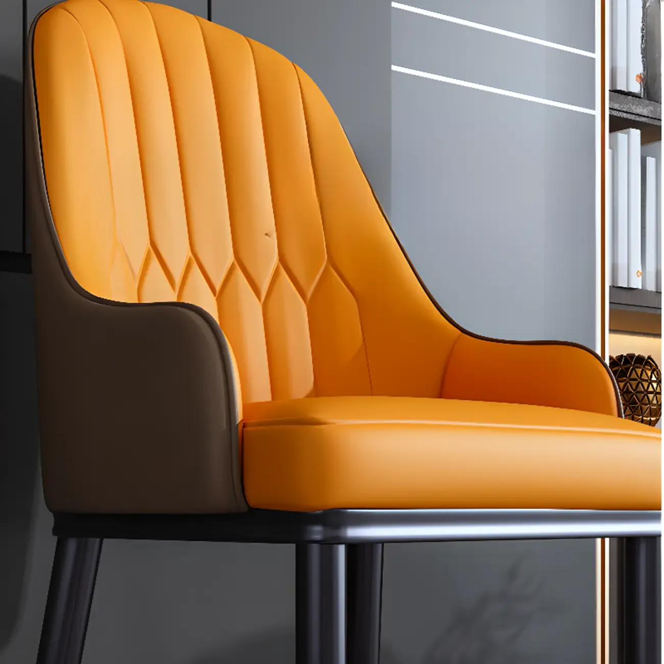 Glam Faux Leather Curved Back Armrest Dining Chair Image - 15