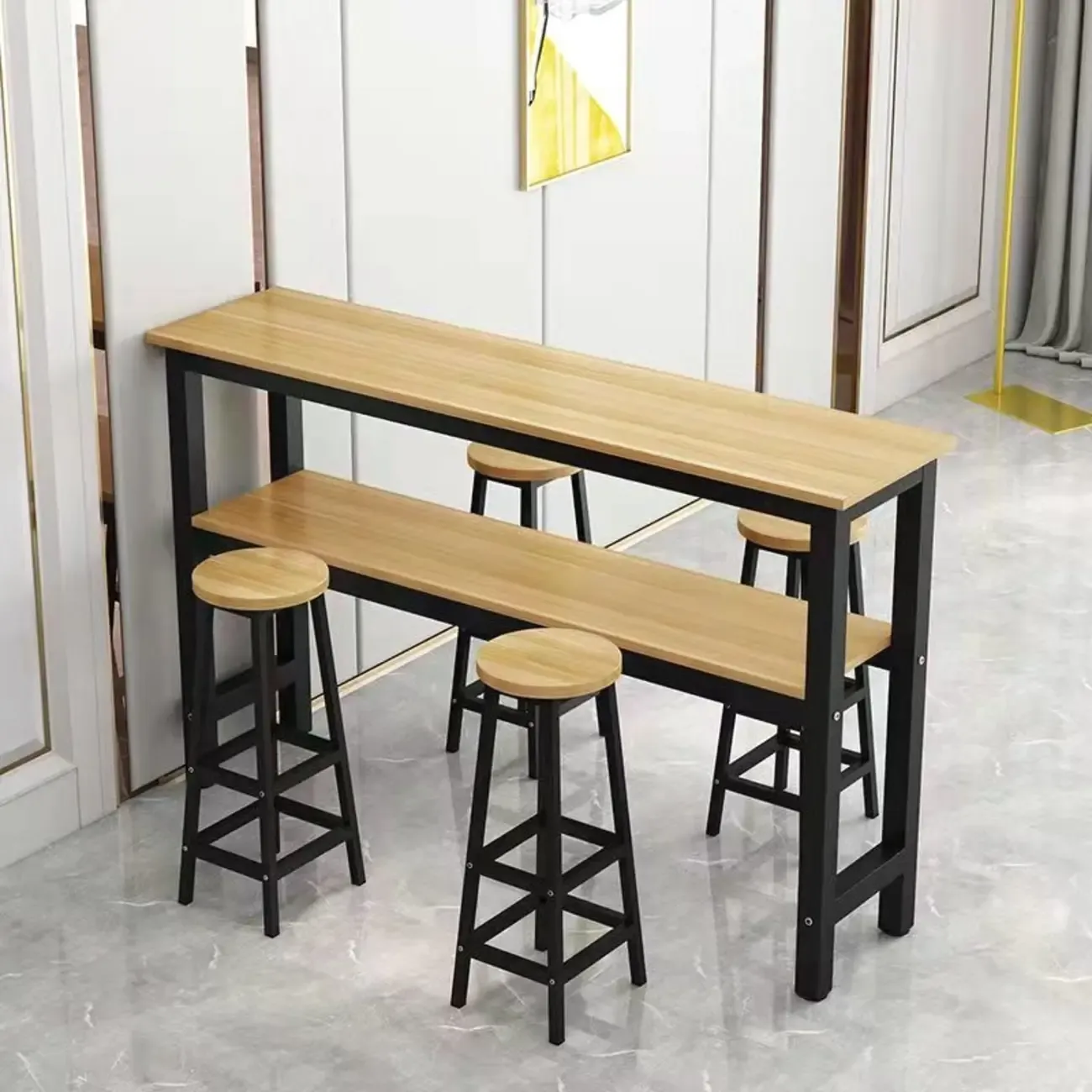 Modern Steel Wood Bar Tables with Shelf Image - 2