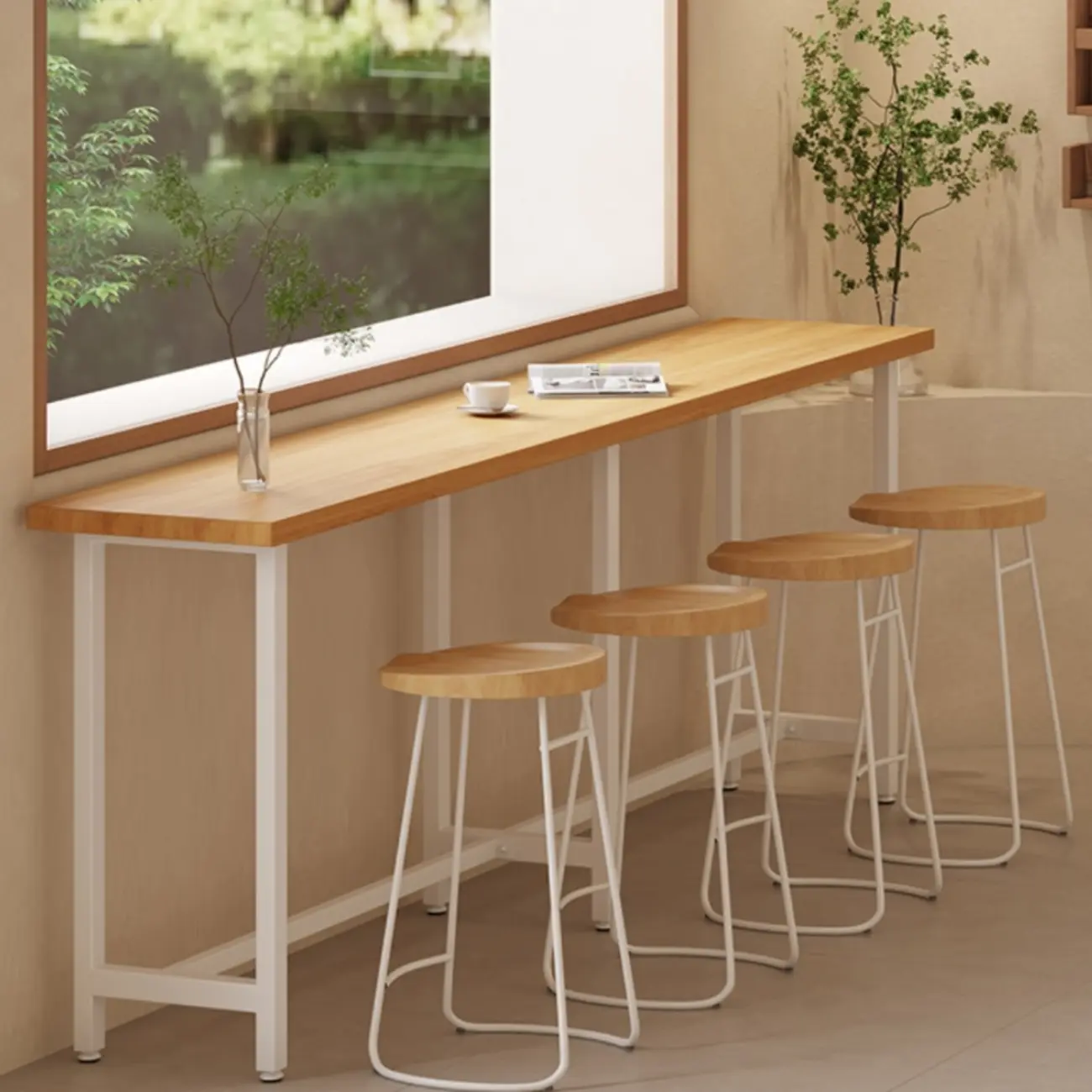 Natural Wooden Top Bar Table Metal Base with Footrest Image - 1 | homeyfad