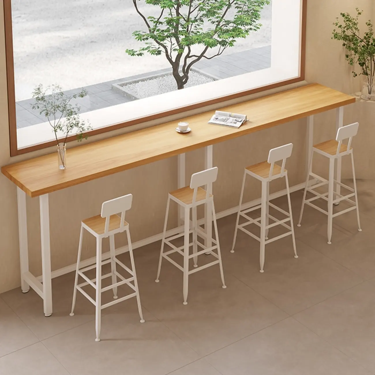 Natural Wooden Top Bar Table Metal Base with Footrest Image - 4 | homeyfad