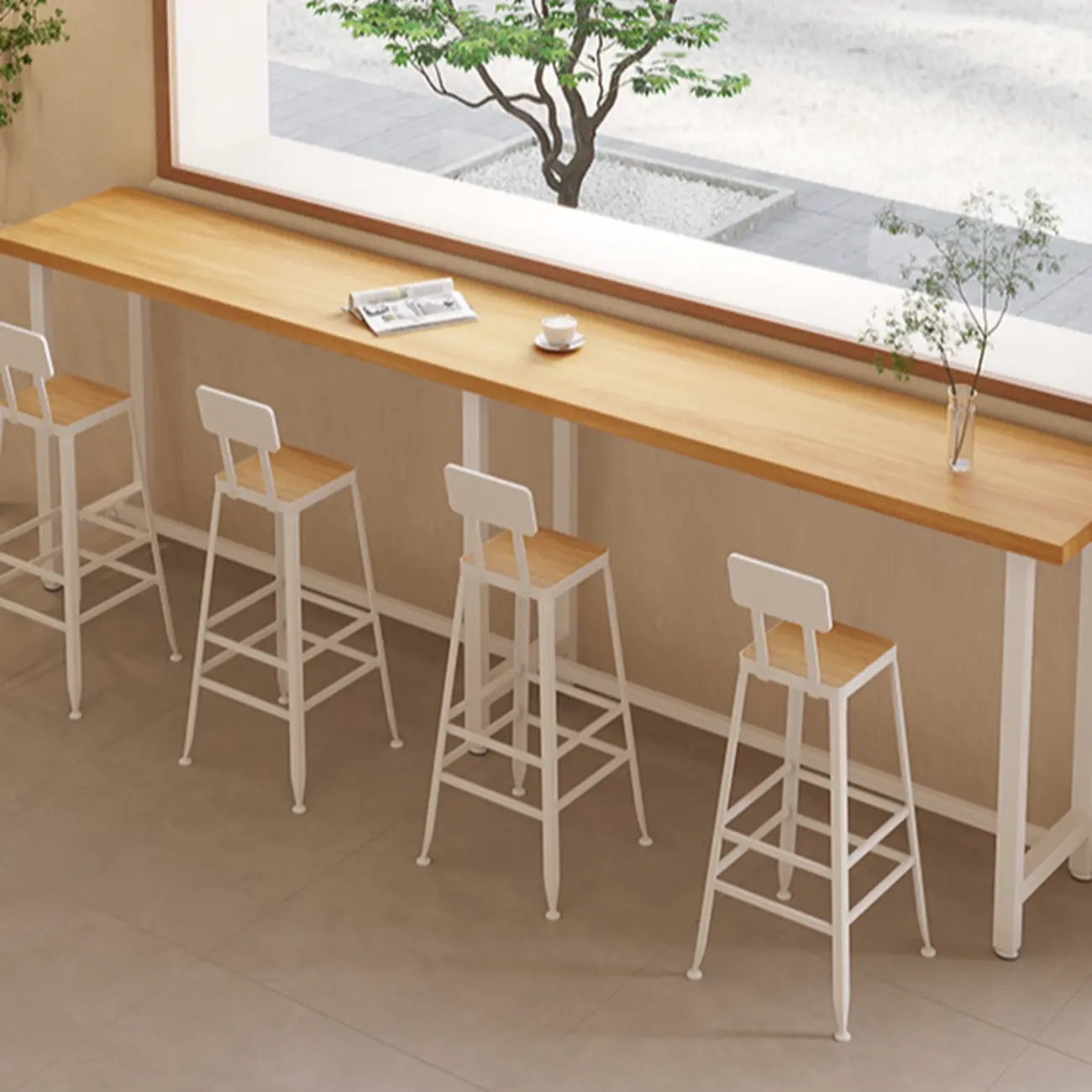 Natural Wooden Top Bar Table Metal Base with Footrest Image - 5 | homeyfad