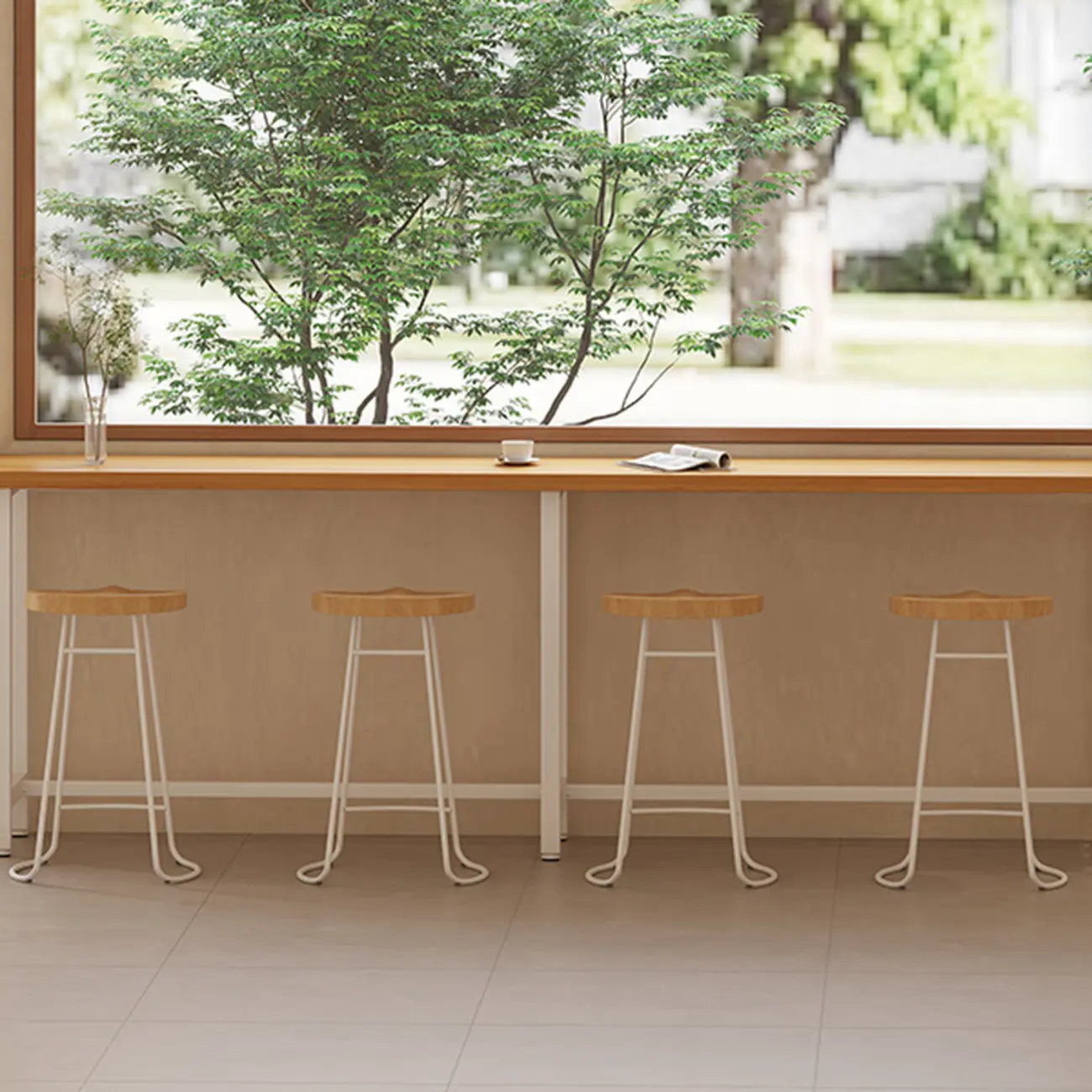 Natural Wooden Top Bar Table Metal Base with Footrest Image - 6 | homeyfad