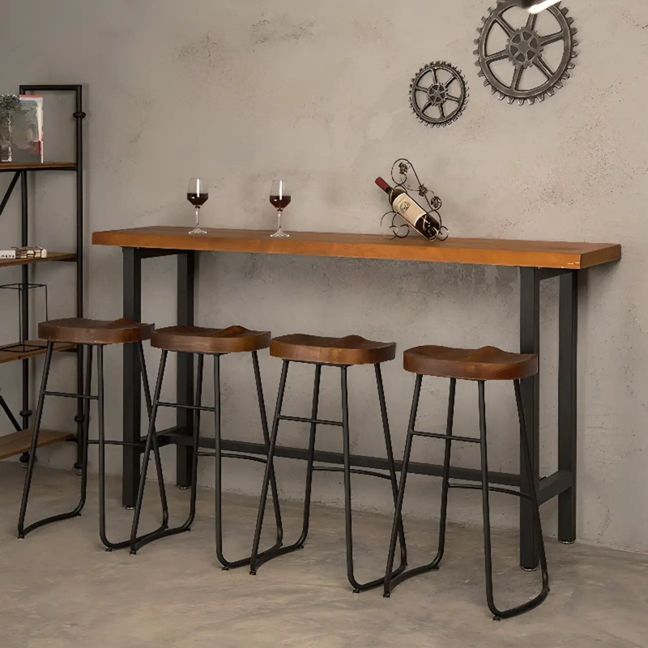 Modern Industrial Bar Table Wood Top Metal Trestle Base Image - 1 | homeyfad